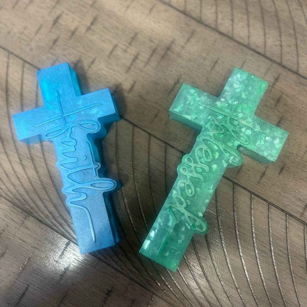 Aqua & Teal Resin Cross Pair with Script Detail